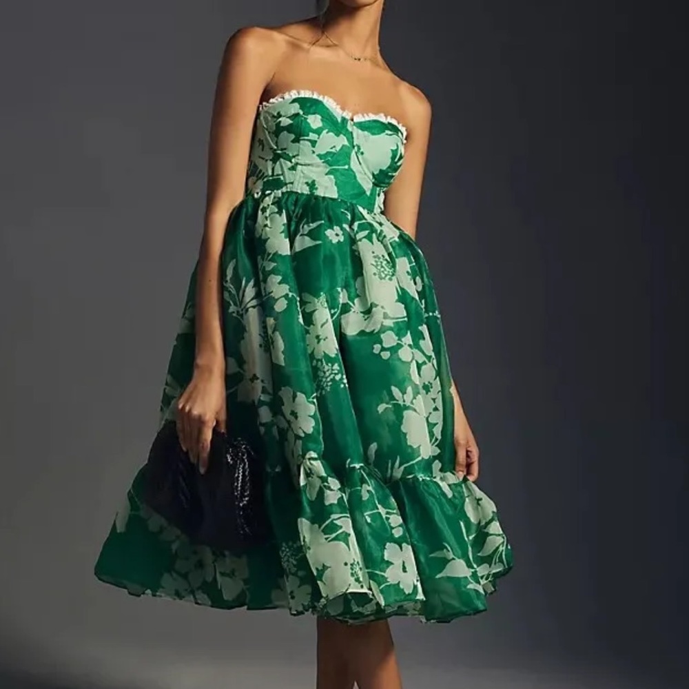 Selkie Green Floral Strapless Tea Dress